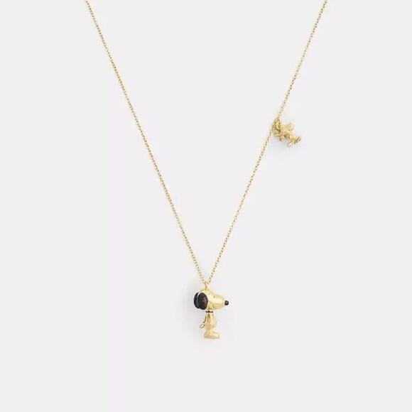 NWT Coach X Peanuts Snoopy And Woodstock Pendant Necklace CCA48 Gold /Black - Picture 5 of 8